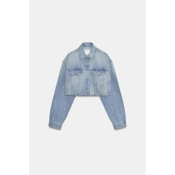 ZARA TRF STRASS CROP DENIM JACKET - Picture 7 of 9